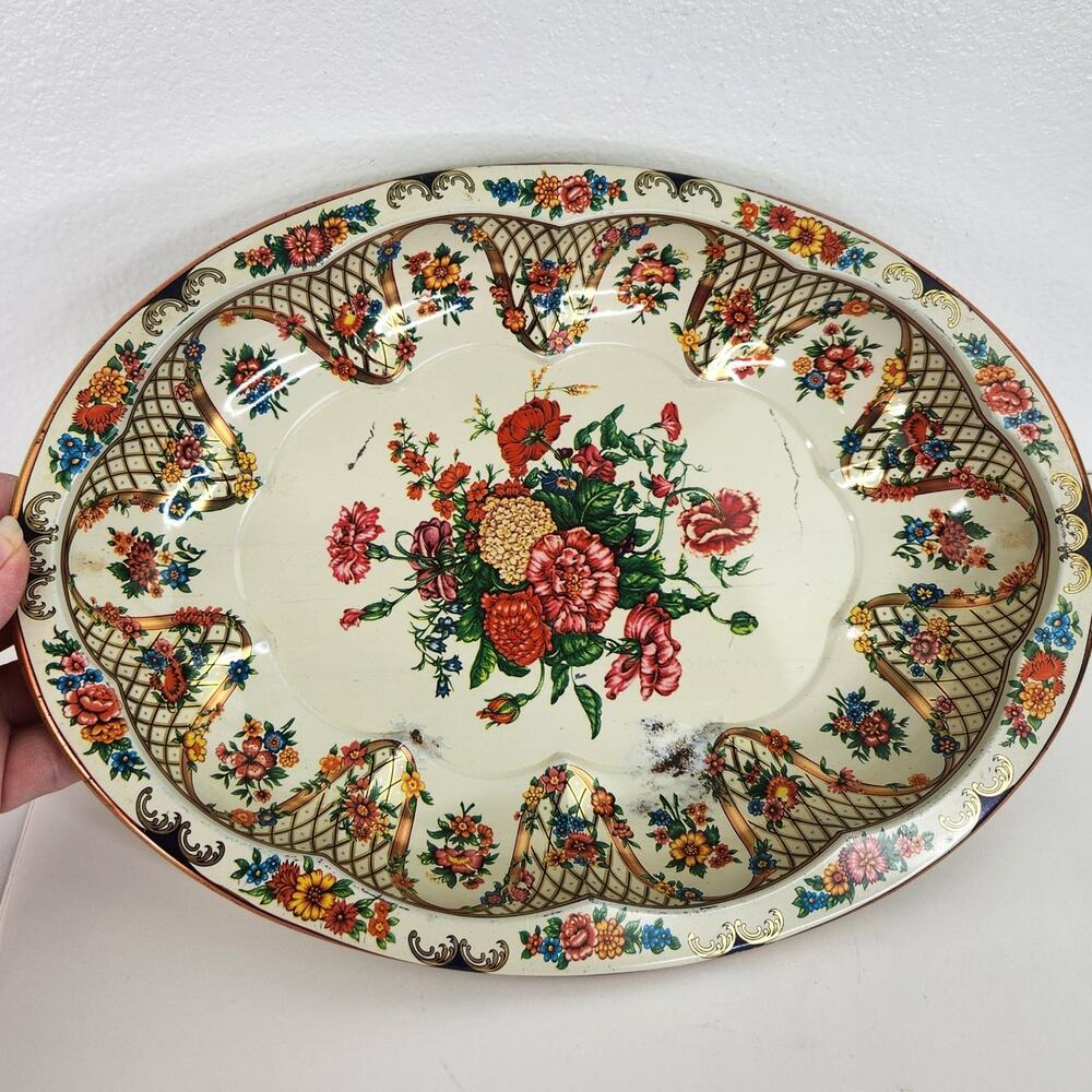 VTG Daher Decorated Ware Oval Scalloped Bowl Floral Design Made in England
